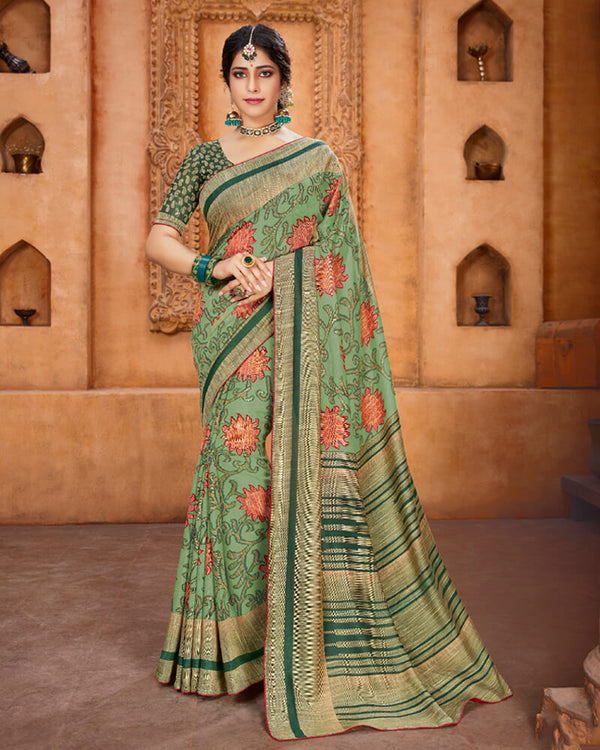 Vishal Prints Turquoise Green Cotton Brasso Saree With Foil Print