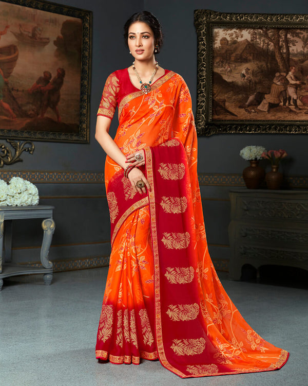 Vishal Prints Cherry Red Brasso Saree With Foil Print And Jari Border