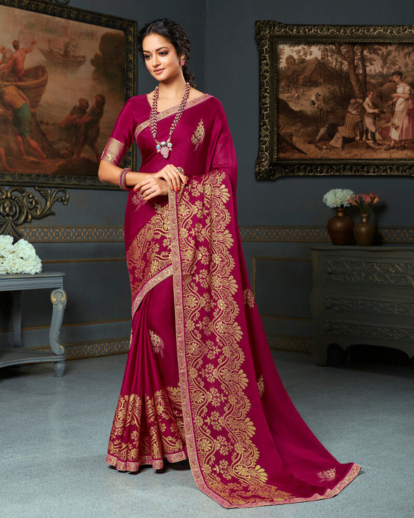 Vishal Prints Burgundy Brasso Saree With Foil Print And Jari Border