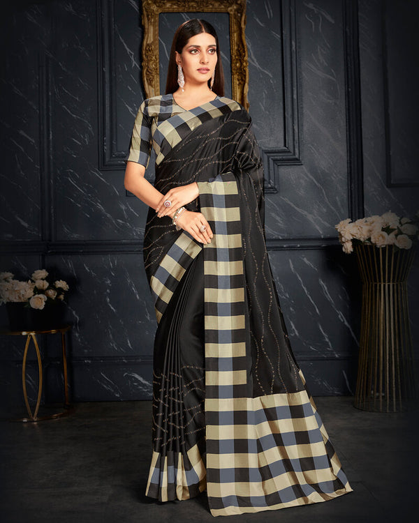 Vishal Prints Black And Beige Satin Saree With Stone Work