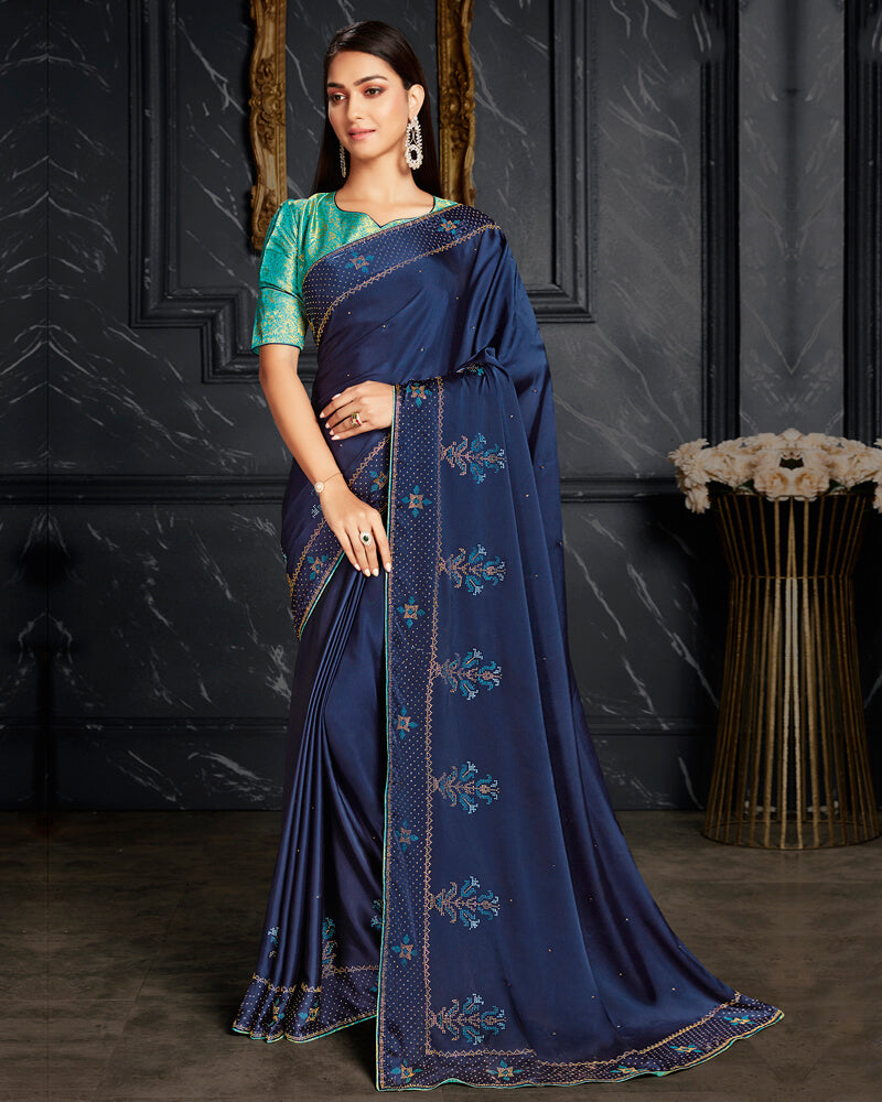 Vishal Prints Dark Blue Satin Saree With Stone Work