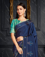 Vishal Prints Dark Blue Satin Saree With Stone Work