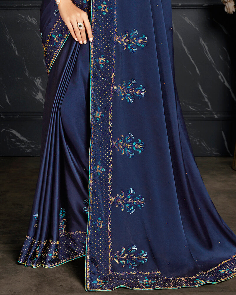 Vishal Prints Dark Blue Satin Saree With Stone Work