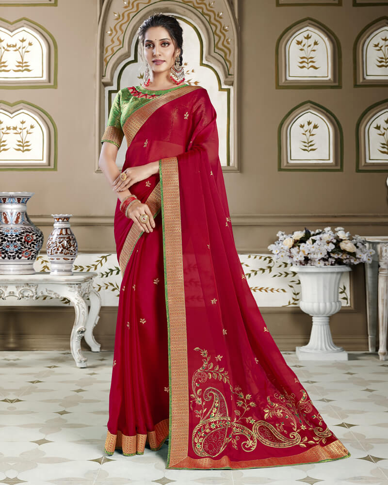 Vishal Prints Burgundy Chiffon Saree With Embroidery Work And Jari Border