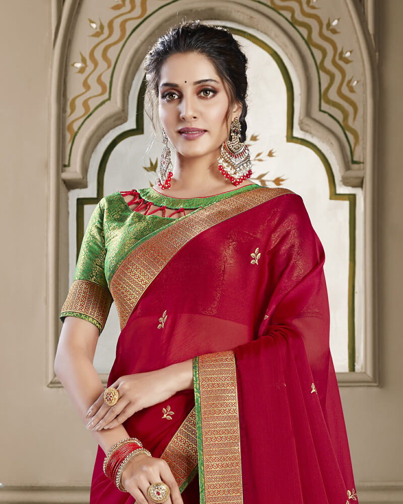 Vishal Prints Burgundy Chiffon Saree With Embroidery Work And Jari Border