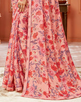 Vishal Prints Daisy Pink Floral Printed Crepe Saree With Satin Border
