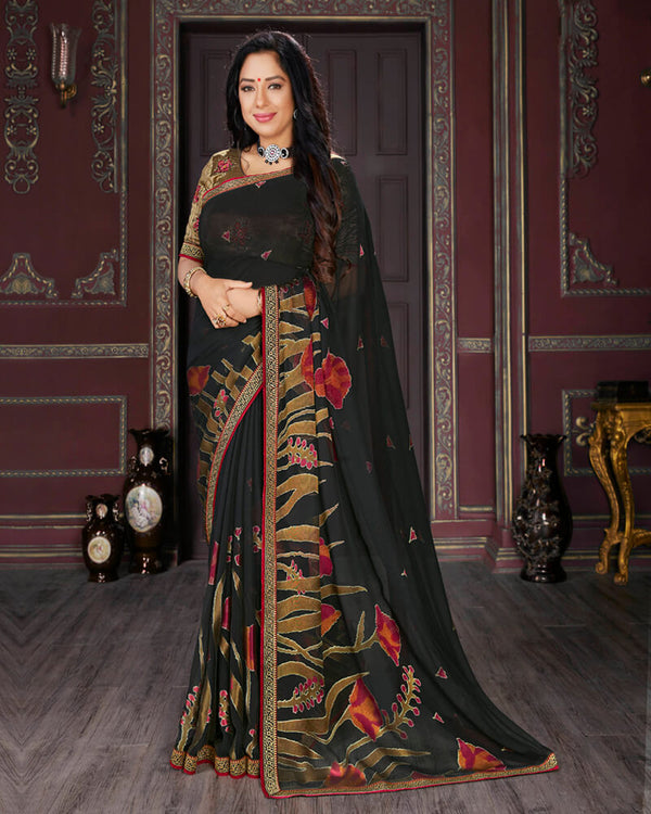 Vishal Prints Black Brasso Saree With Foil Print And Jari Border