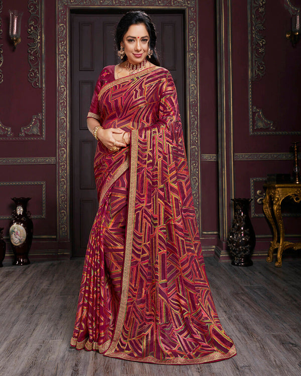 Vishal Prints Wine Brasso Saree With Foil Print And Jari Border