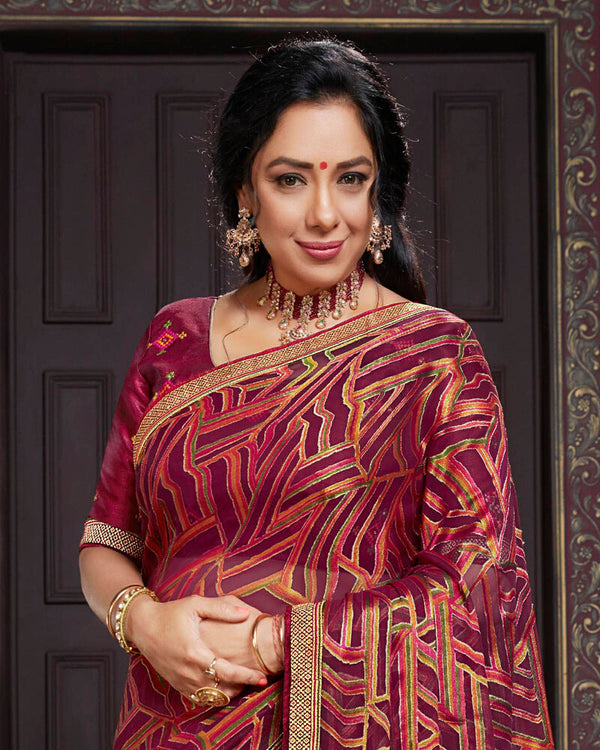 Vishal Prints Wine Brasso Saree With Foil Print And Jari Border