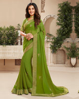 Vishal Prints Olive Green Chiffon Saree With Foil Print And Jari Border