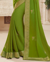 Vishal Prints Olive Green Chiffon Saree With Foil Print And Jari Border