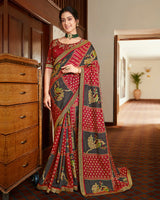 Vishal Prints Charcoal Grey Brasso Saree With Foil Print And Jari Border