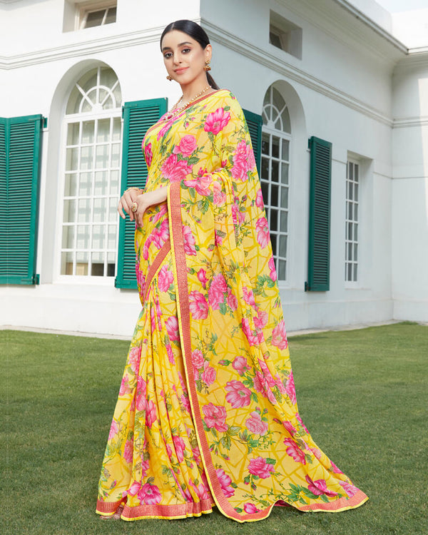 Vishal Prints Yellow Floral Print Brasso Saree With Jari Border