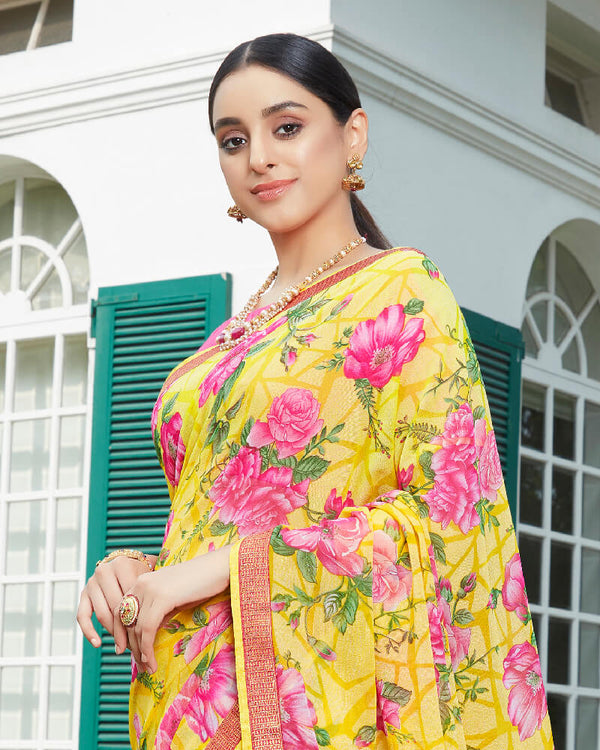 Vishal Prints Yellow Floral Print Brasso Saree With Jari Border