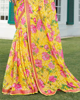 Vishal Prints Yellow Floral Print Brasso Saree With Jari Border