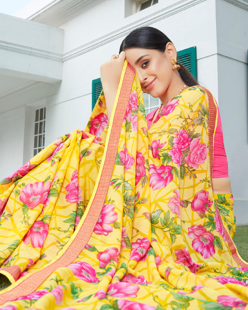 Vishal Prints Yellow Floral Print Brasso Saree With Jari Border