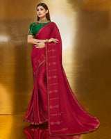 Vishal Prints Burgundy Satin Saree With Stone Work