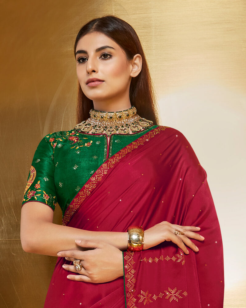 Vishal Prints Burgundy Satin Saree With Stone Work