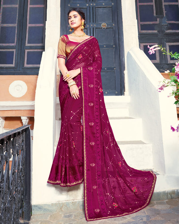 Vishal Prints Wine Chiffon Saree With Embroidery Work