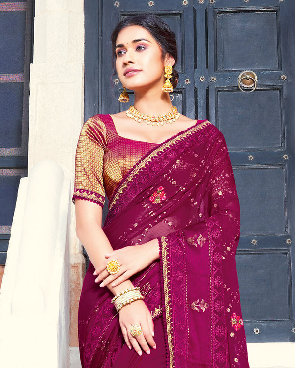 Vishal Prints Wine Chiffon Saree With Embroidery Work