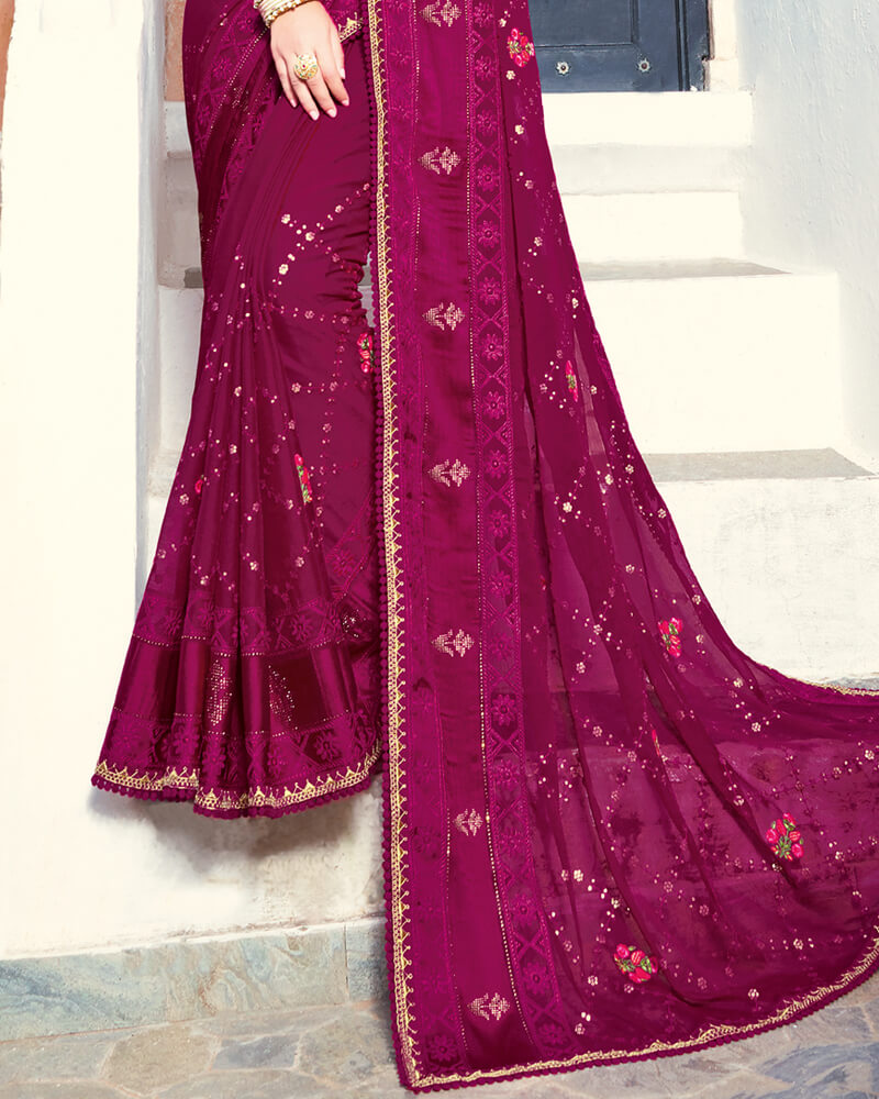 Vishal Prints Wine Chiffon Saree With Embroidery Work