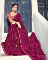 Vishal Prints Wine Chiffon Saree With Embroidery Work