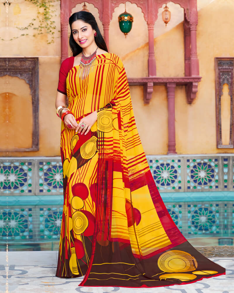 Vishal Prints Golden Yellow Printed Georgette Saree