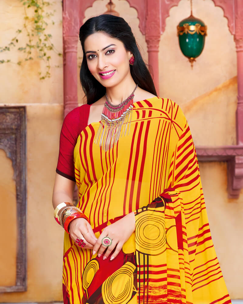 Vishal Prints Golden Yellow Printed Georgette Saree