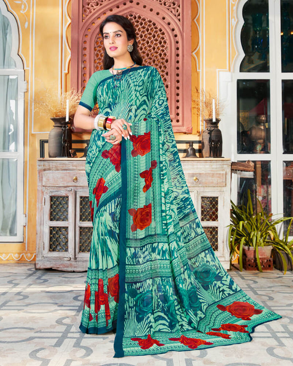 Vishal Prints Turquoise Blue Printed Georgette Saree