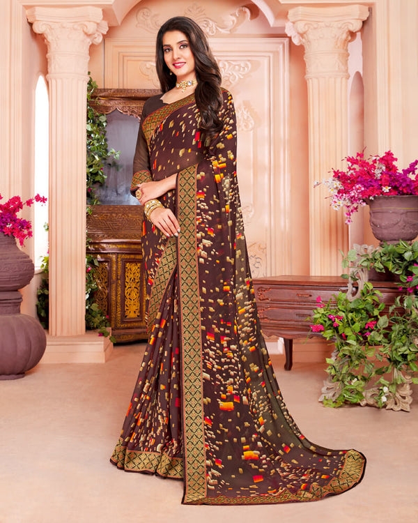 Vishal Prints Brown Chiffon Saree With Jari Border