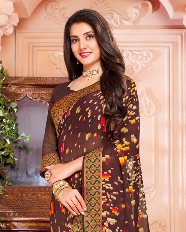 Vishal Prints Brown Chiffon Saree With Jari Border