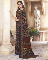 Vishal Prints Dark Navy Blue Digital Print Crepe Saree