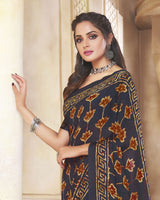 Vishal Prints Dark Navy Blue Digital Print Crepe Saree