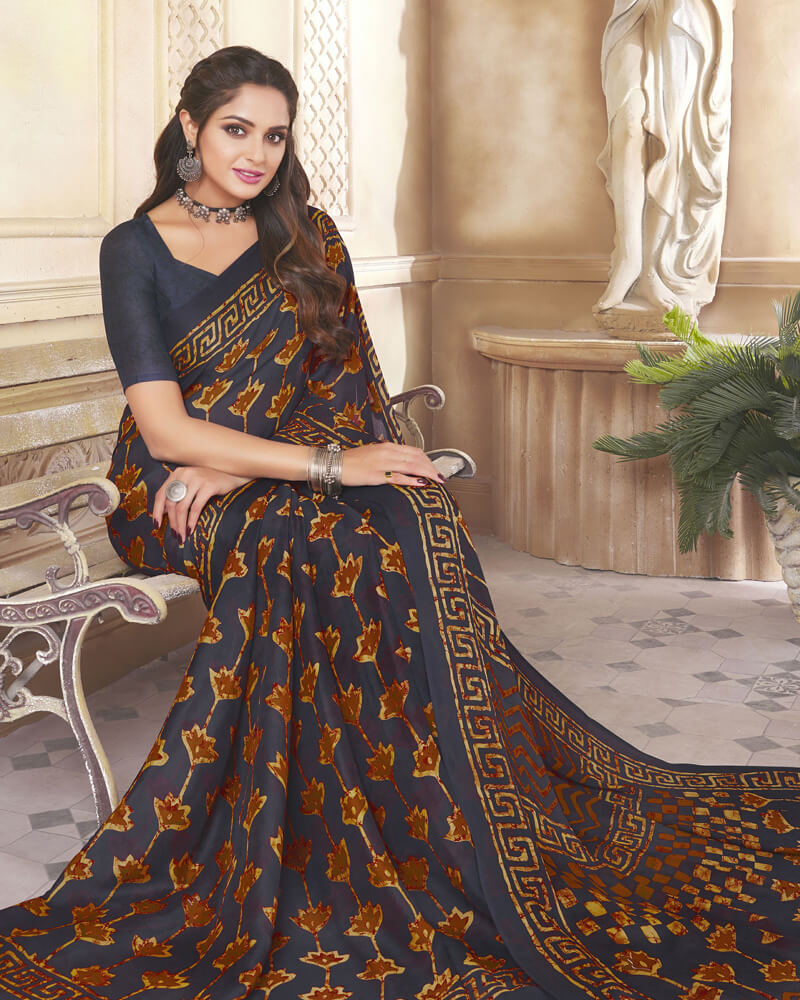 Vishal Prints Dark Navy Blue Digital Print Crepe Saree