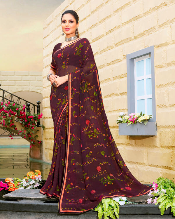 Vishal Prints Wine Printed Georgette Saree With Piping