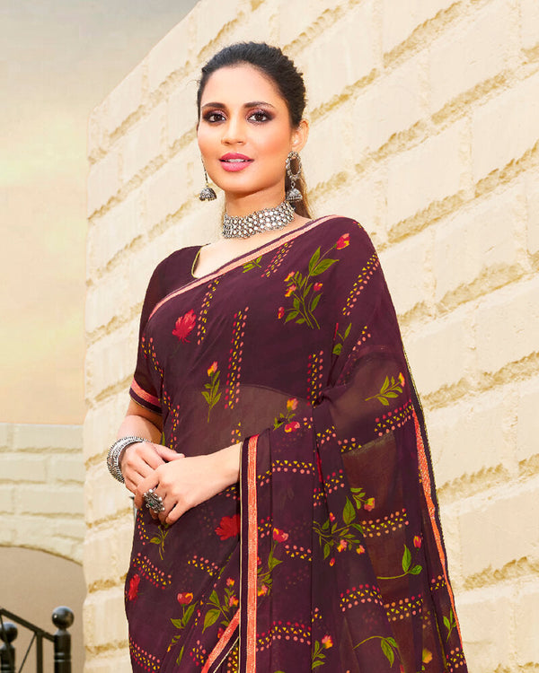 Vishal Prints Wine Printed Georgette Saree With Piping