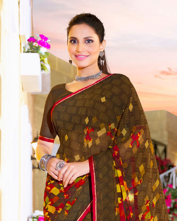 Vishal Prints Brown Printed Georgette Saree With Piping