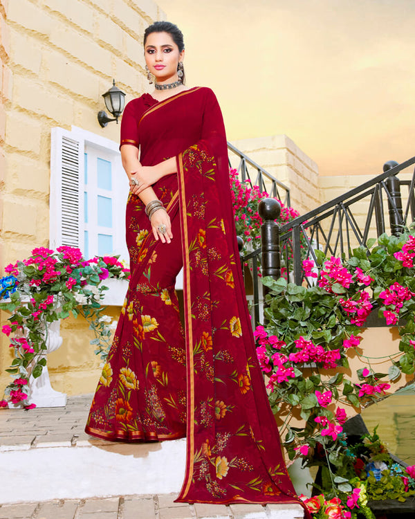 Vishal Prints Burgundy Printed Georgette Saree With Piping