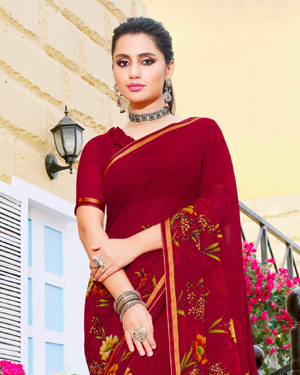 Vishal Prints Burgundy Printed Georgette Saree With Piping