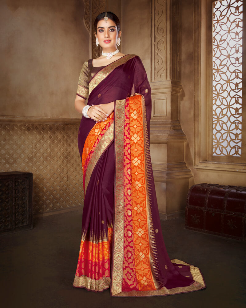 Vishal Prints Wine Brasso Saree With Foil Print And Jari Border