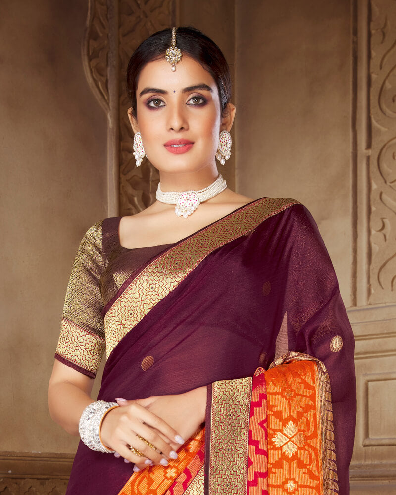 Vishal Prints Wine Brasso Saree With Foil Print And Jari Border