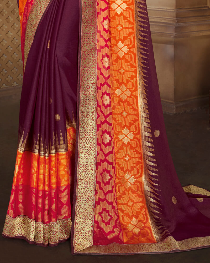 Vishal Prints Wine Brasso Saree With Foil Print And Jari Border