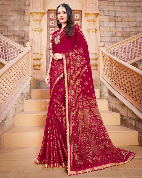 Vishal Prints Burgundy Brasso Saree With Foil Print And Border