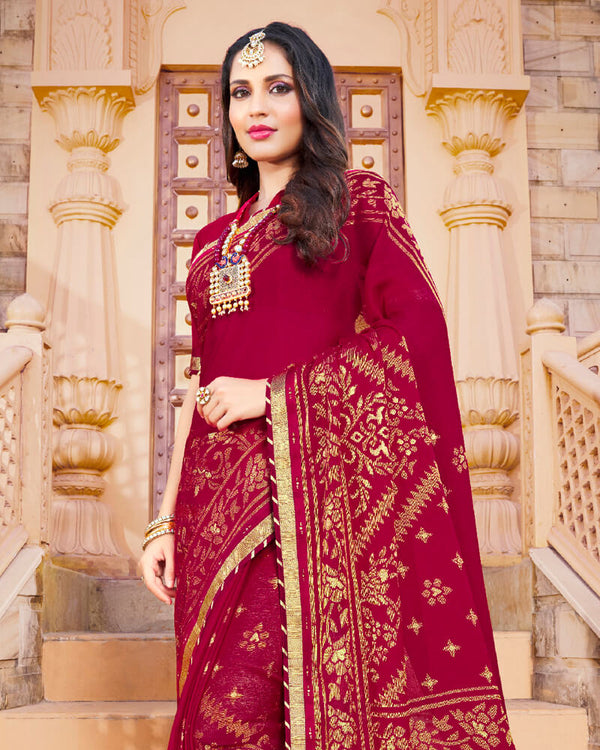 Vishal Prints Burgundy Brasso Saree With Foil Print And Border