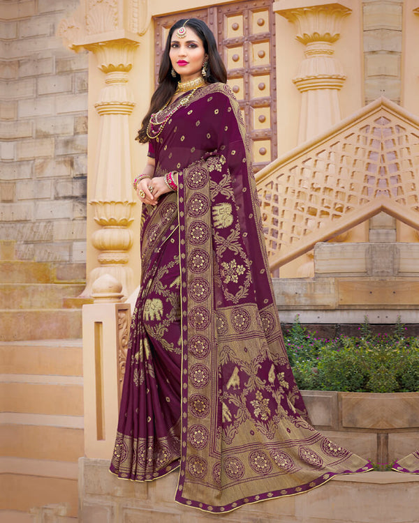 Vishal Prints Wine Brasso Saree With Foil Print And Border