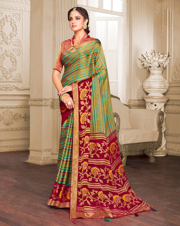 Vishal Prints Aqua Green Brasso Saree With Foil Print And Tassel