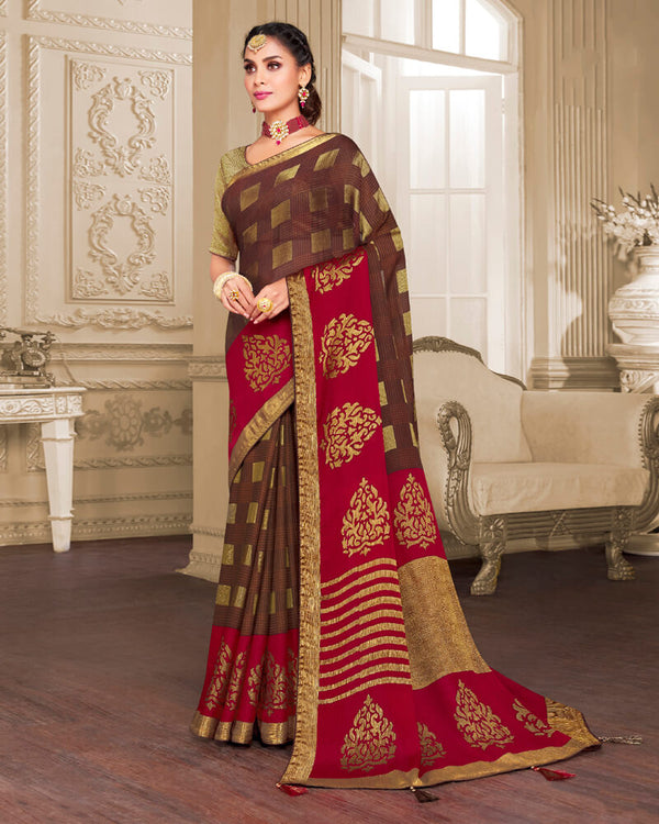 Vishal Prints Brown Brasso Saree With Foil Print And Tassel