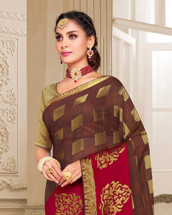 Vishal Prints Brown Brasso Saree With Foil Print And Tassel