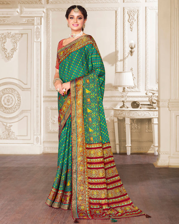 Vishal Prints Aqua Green Brasso Saree With Foil Print And Tassel