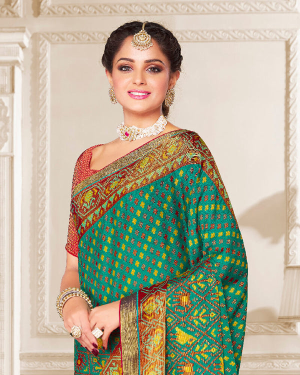 Vishal Prints Aqua Green Brasso Saree With Foil Print And Tassel